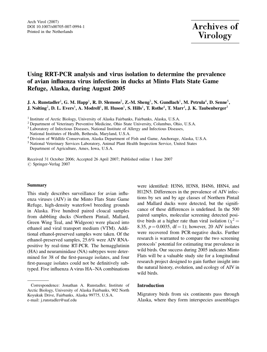 Pdf Using Rrt Pcr Analysis And Virus Isolation To Determine The Prevalence Of Avian Influenza Virus Infections In Ducks At Minto Flats State Game Refuge Alaska During August 05