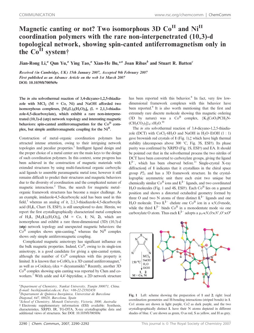 Pdf Magnetic Canting Or Not Two Isomorphous 3d Coii And Ni Ii Coordination Polymers With The Rare Non Interpenetrated 10 3 D Topological Network Showing Spin Canted Antiferromagnetism Only In The Co Ii System