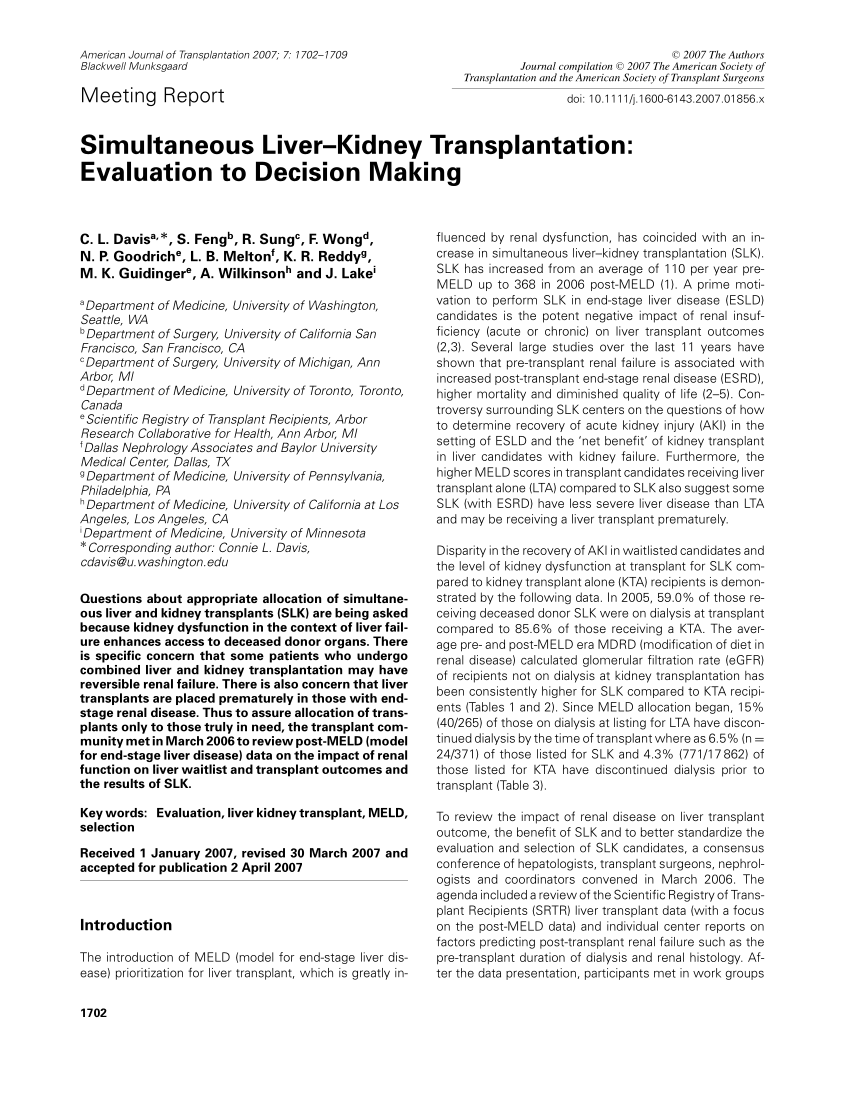 (PDF) Simultaneous Liver?Kidney Transplantation: Evaluation to Decision ...