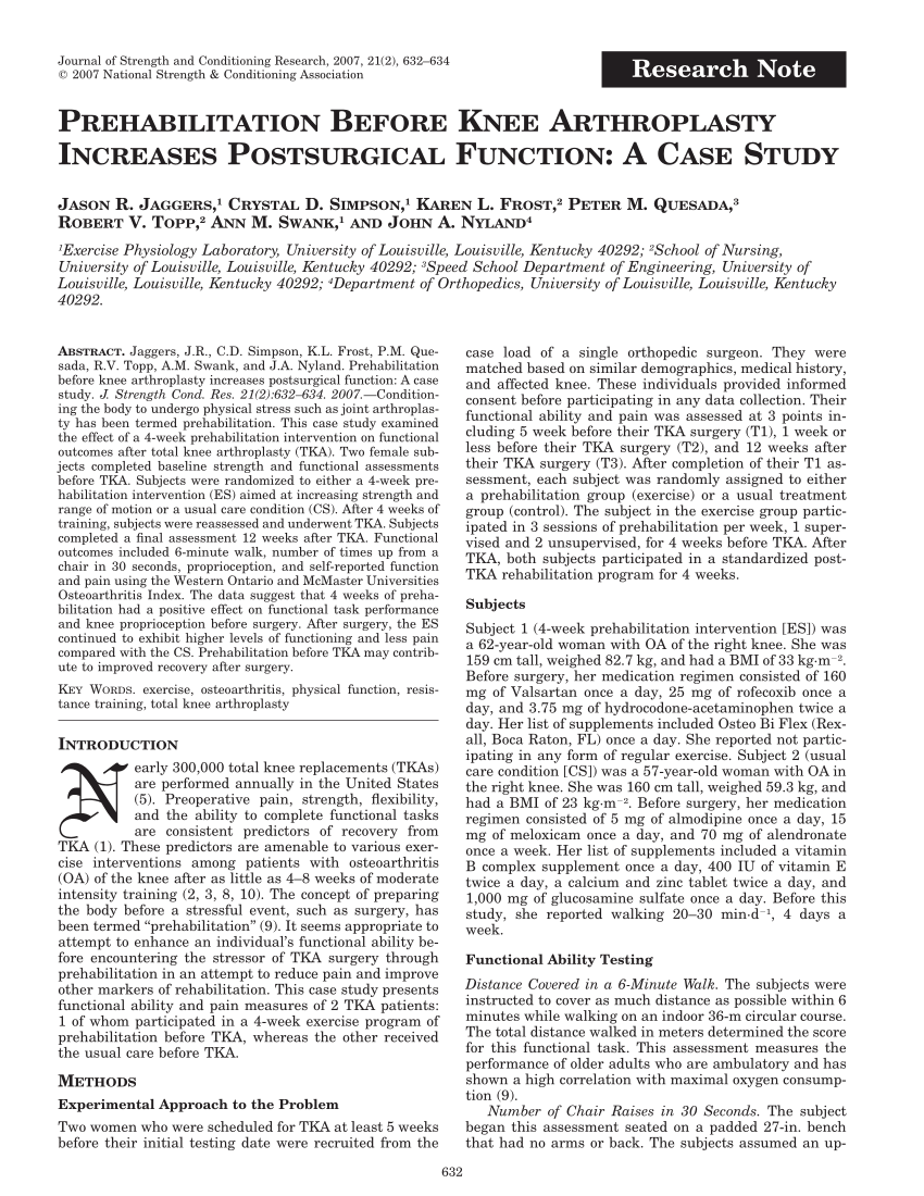 Pdf Prehabilitation Before Knee Arthroplasty Increases Postsurgical Function A Case Study