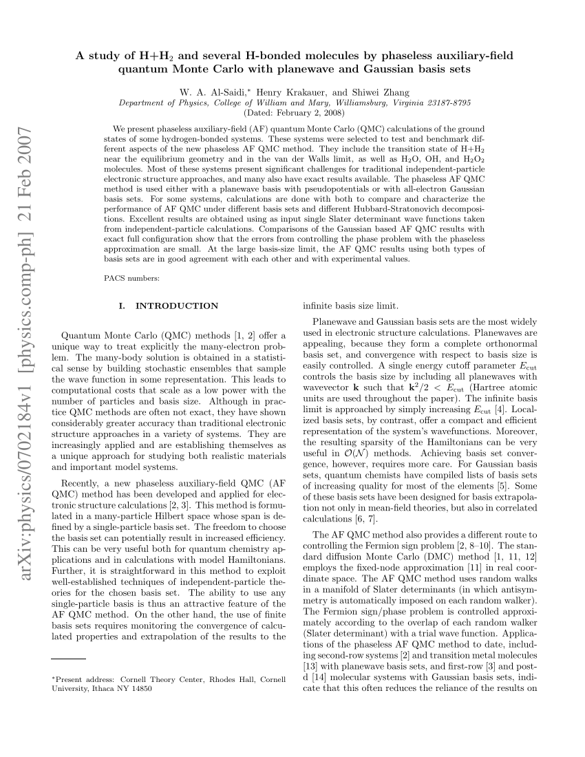 Pdf A Study Of H H 2 And Several H Bonded Molecules By Phaseless