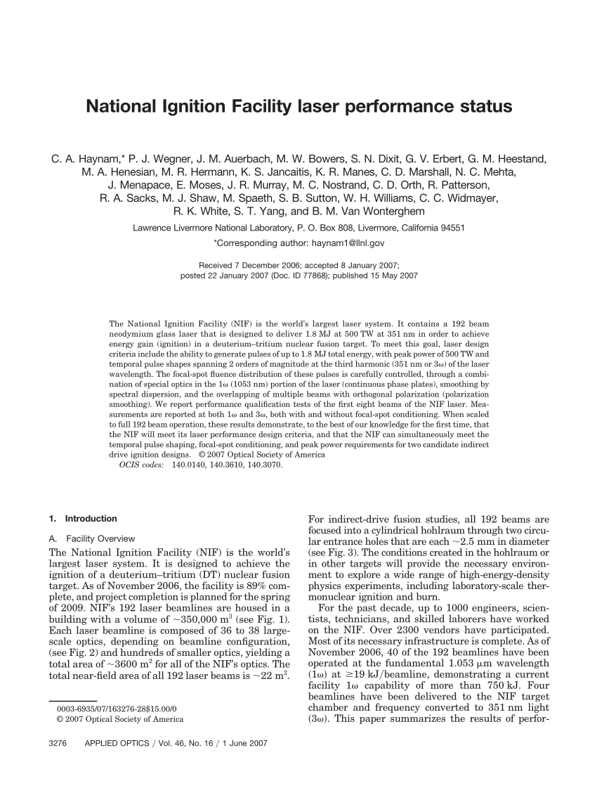 (PDF) National Ignition Facility laser performance status