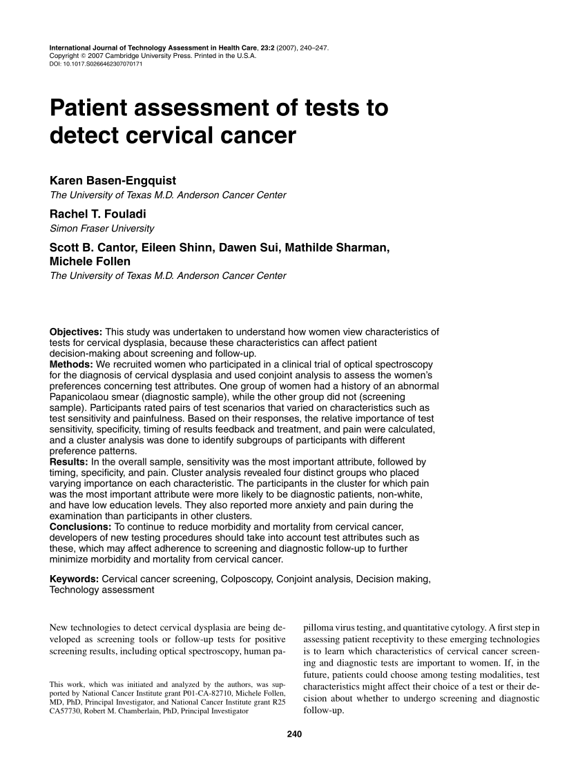 PDF Patient assessment of tests to detect cervical cancer