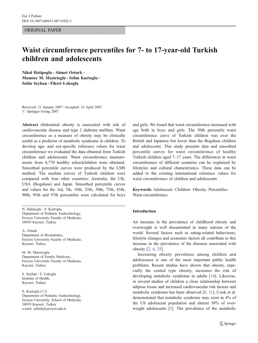 pdf waist circumference percentiles for 7 to 17 year old turkish children and adolescents