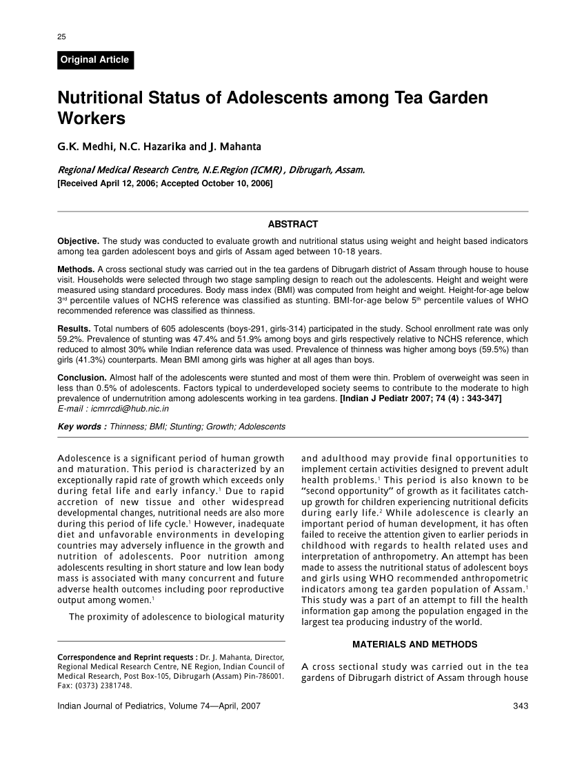 PDF Nutritional status of adolescent among Tea garden Worker