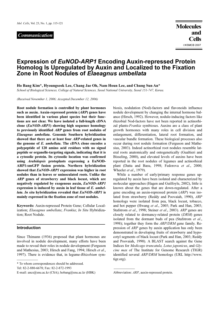 PDF) Expression of EuNOD-ARPI Encoding Auxin-repressed Protein 