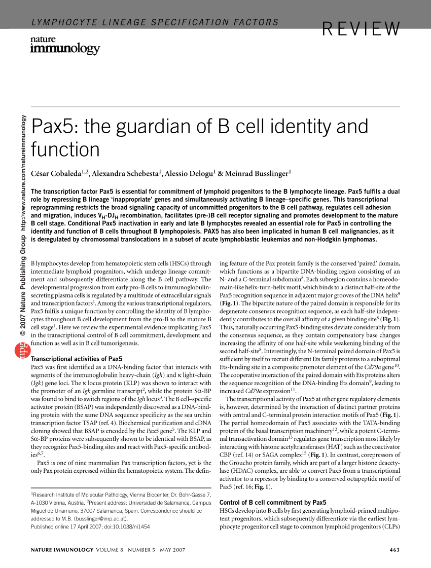 Pdf Pax5 The Guardian Of B Cell Identity And Function