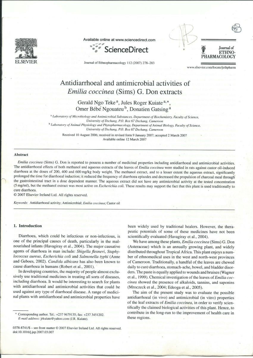 (PDF) Antidiarrhoeal and antimicrobial activities of Emilia coccinea Sns-Brigh10