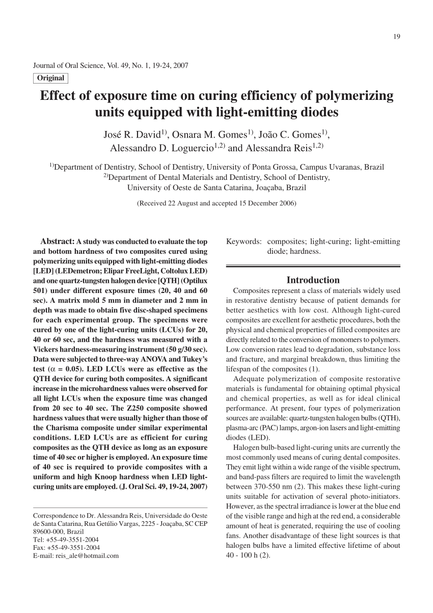 Pdf Effect Of Exposure Time On Curing Efficiency Of Polymerizing Units Equipped With Light Emitting Diodes