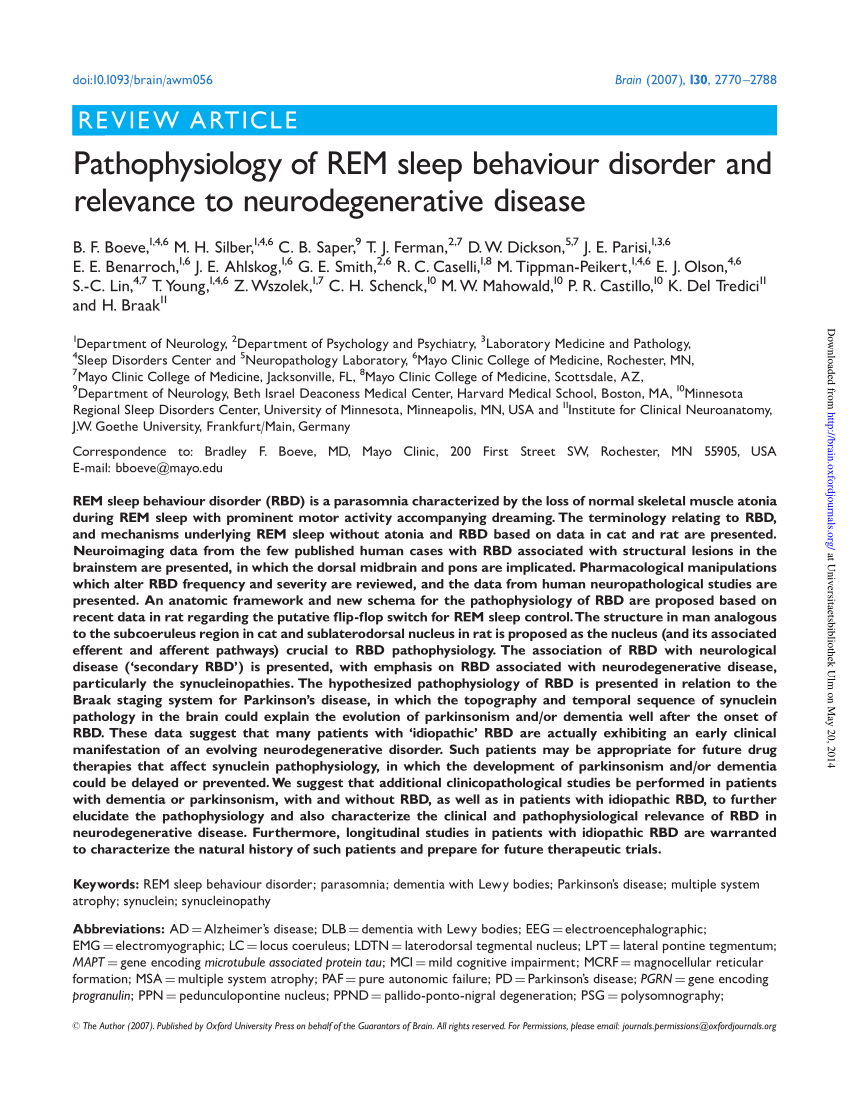 Pdf Pathophysiology Of Rem Sleep Behaviour Disorder And Relevance To Neurodegenerative Disease
