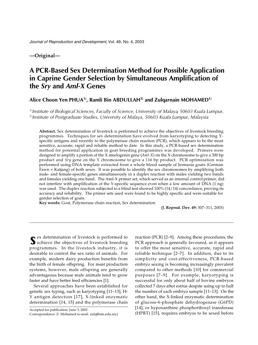 Pdf A Pcr Based Sex Determination Method For Possible Application In Caprine Gender Selection By Simultaneous Amplification Of The Sry And Aml X Genes