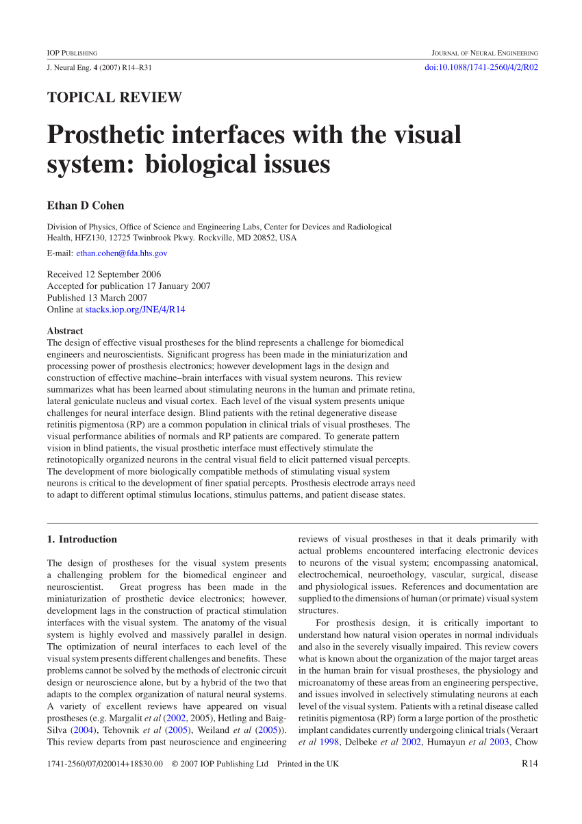 PDF Prosthetic interfaces with the visual system Biological issues