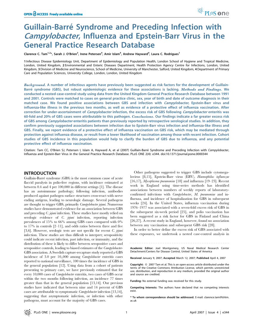 Pdf Guillain Barre Syndrome And Preceding Infection With Campylobacter Influenza And Epstein Barr Virus In The General Practice Research Database