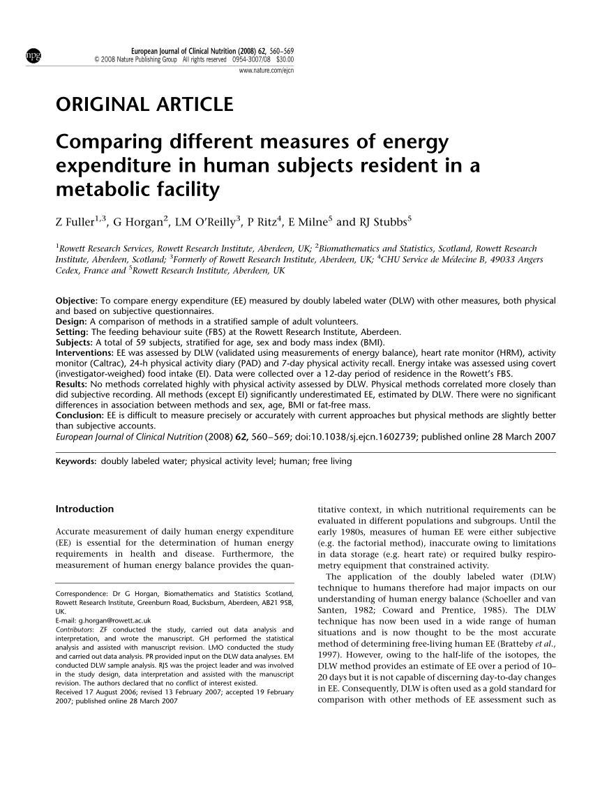 PDF) Comparing different measures of energy expenditure in human subjects resident in a metabolic facility