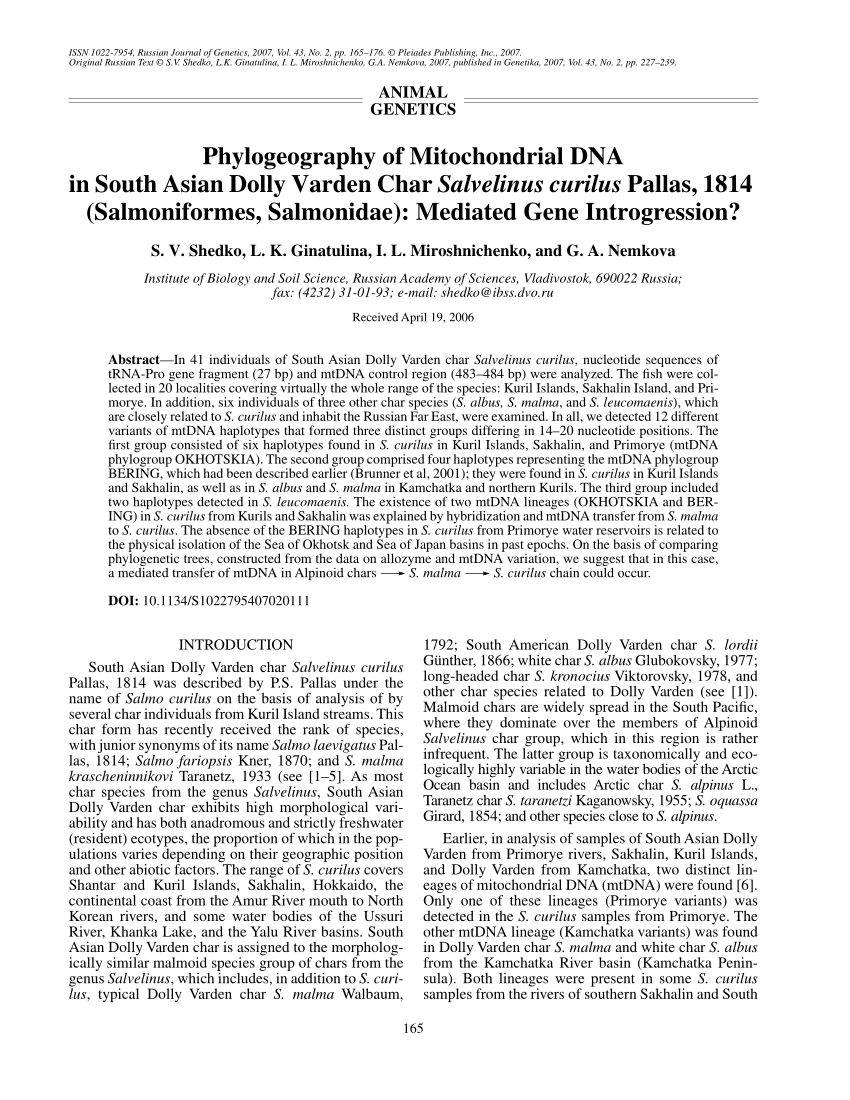 Pdf Phylogeography Of Mitochondrial Dna In South Asian Dolly Varden Char Salvelinus Curilus Pallas 1814 Salmoniformes Salmonidae Mediated Gene Introgression