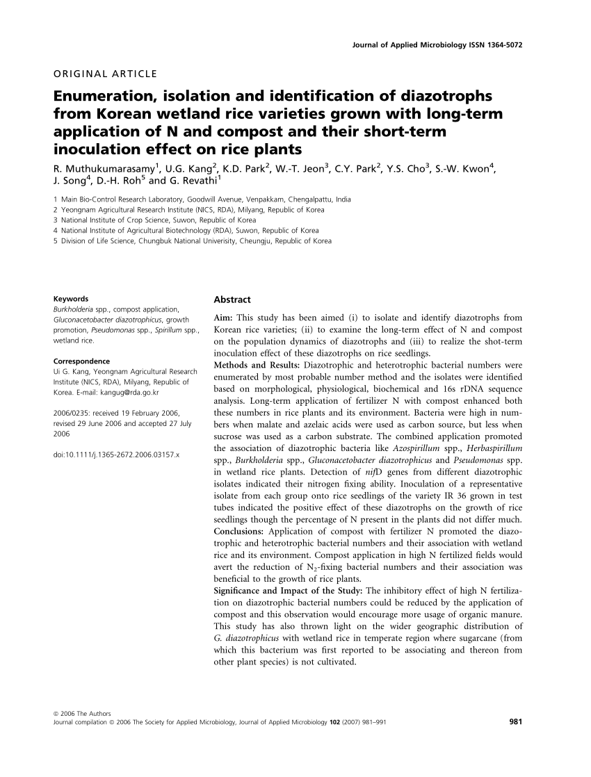 Pdf Enumeration Isolation And Identification Of Diazotrophs From Korean Wetland Rice Varieties Grown With Long Term Application Of N And Compost And Their Short Term Inoculation Effect On Rice Plants