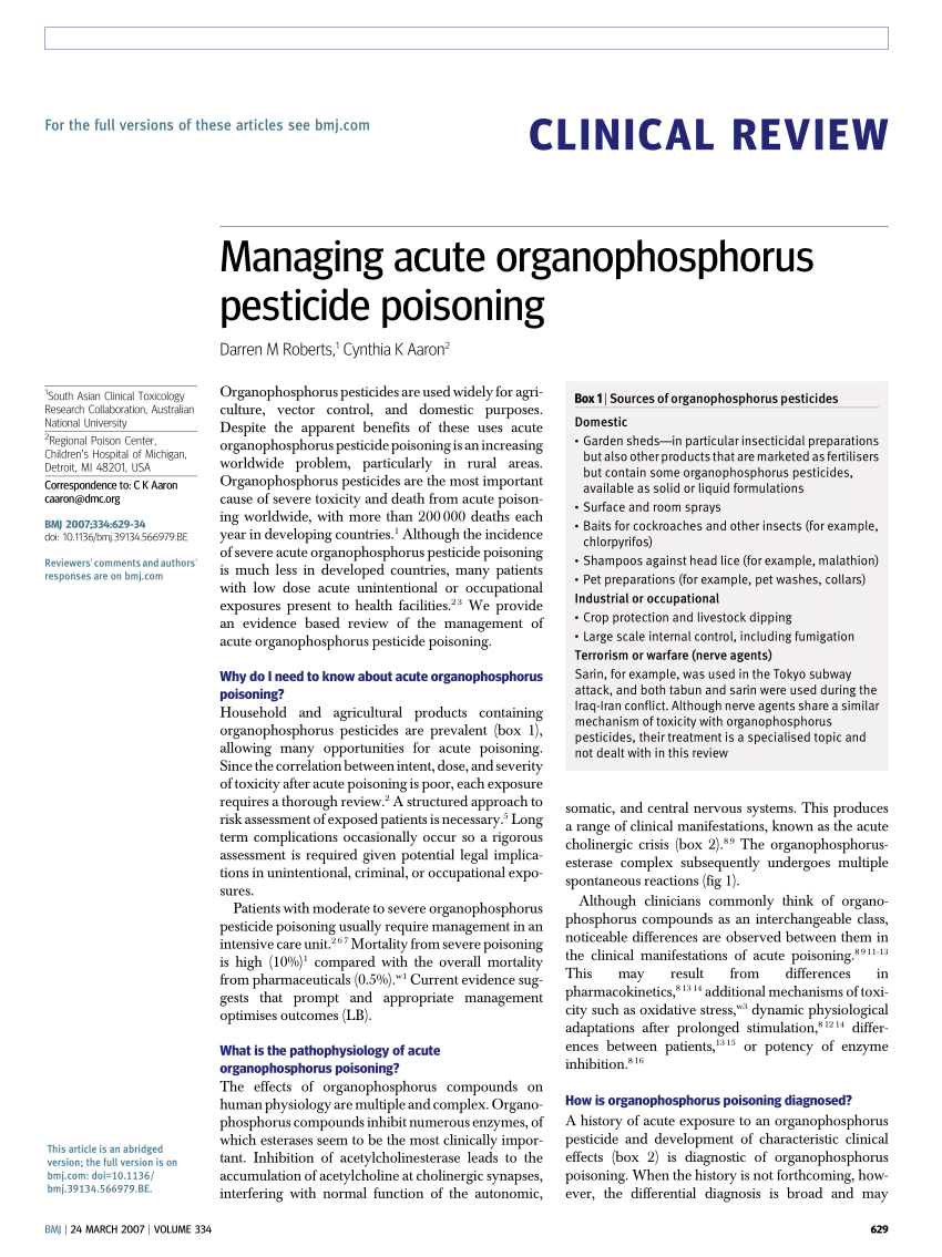 Pdf Managing Acute Organophosphorus Pesticide Poisoning