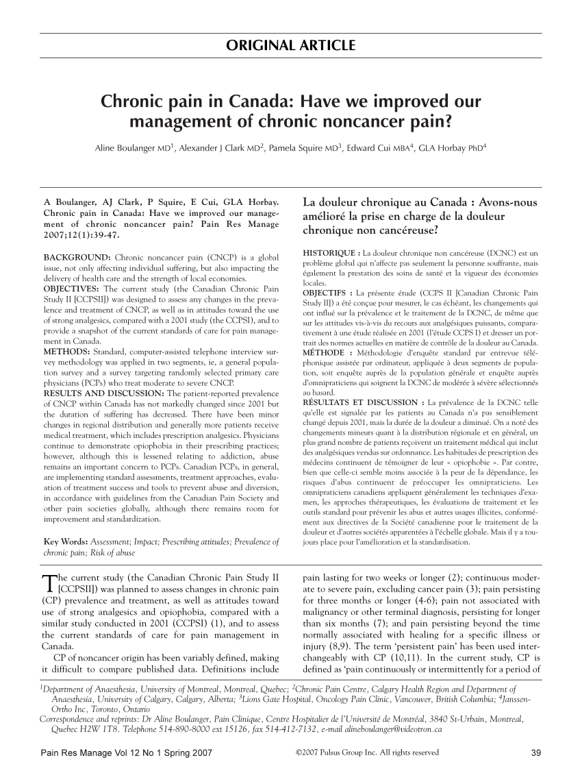 pdf) chronic pain in canada: have we improved our management of