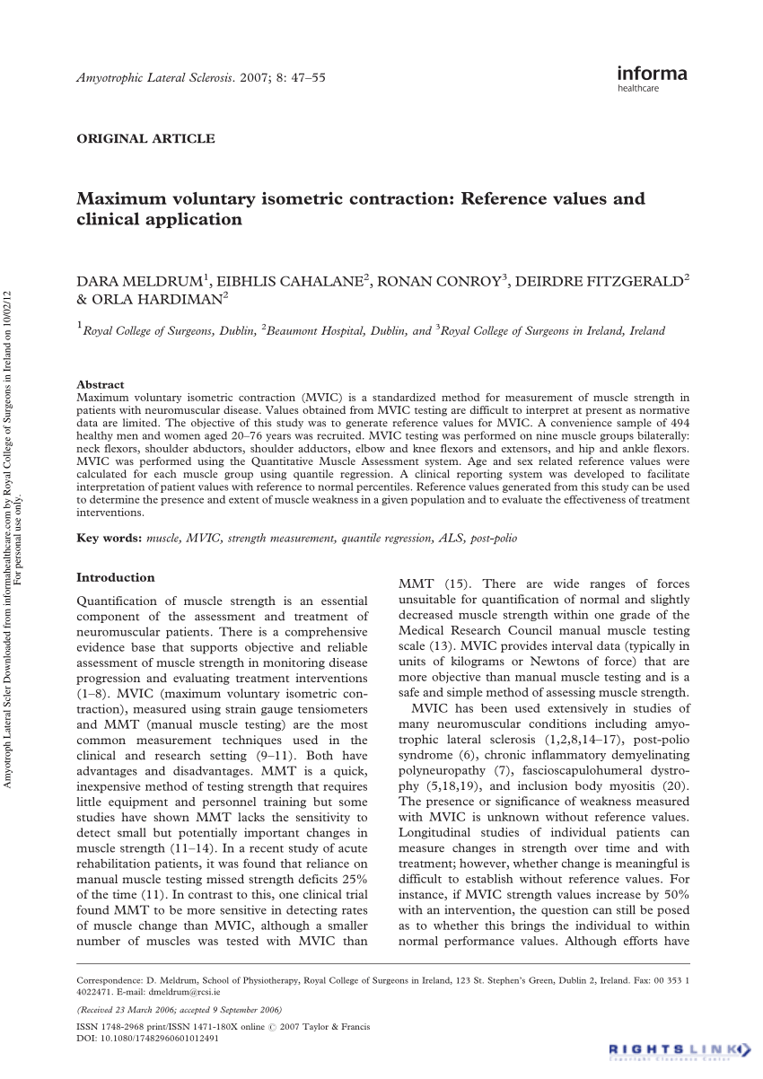 Pdf Maximum Voluntary Isometric Contraction Reference Values And Clinical Application