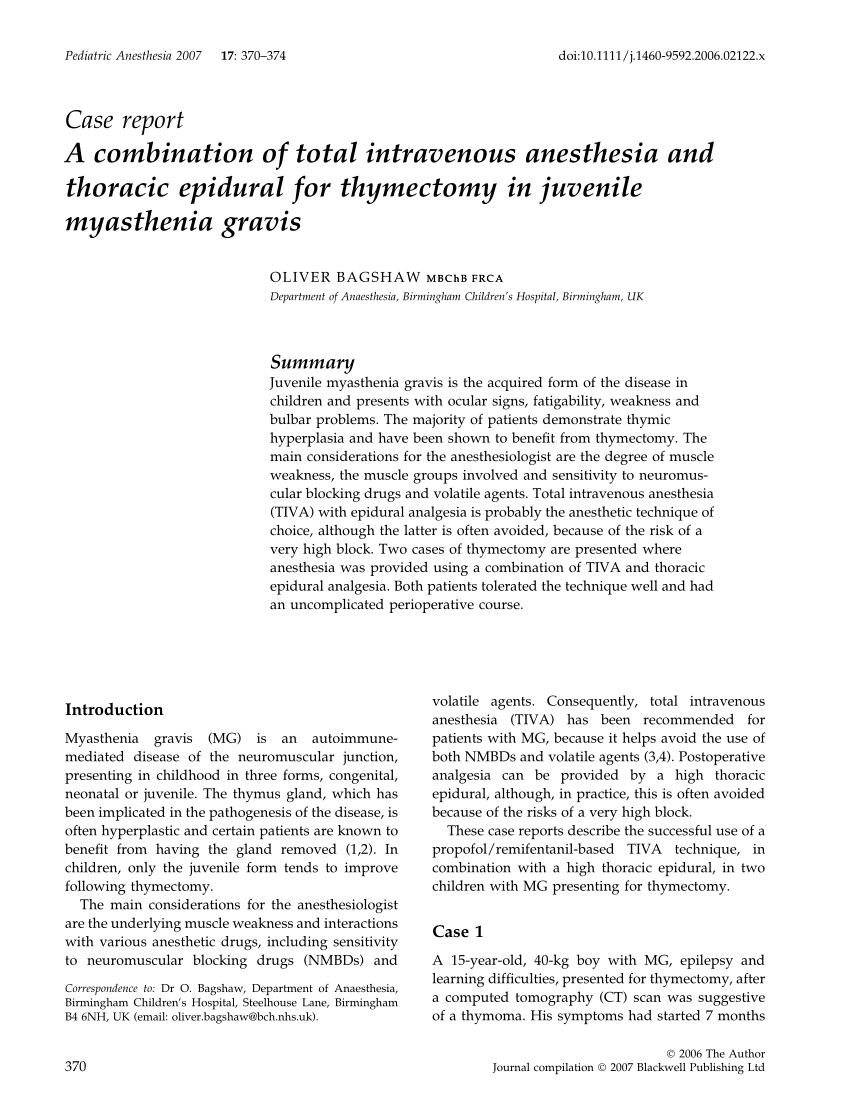 (PDF) A combination of total intravenous anesthesia and thoracic