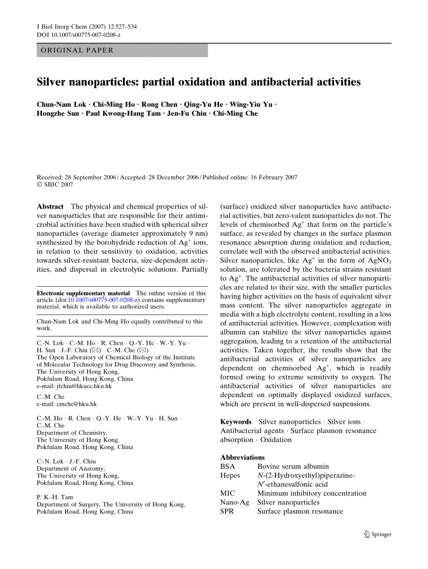 Pdf Silver Nanoparticles Partial Oxidation And Antibacterial Activities