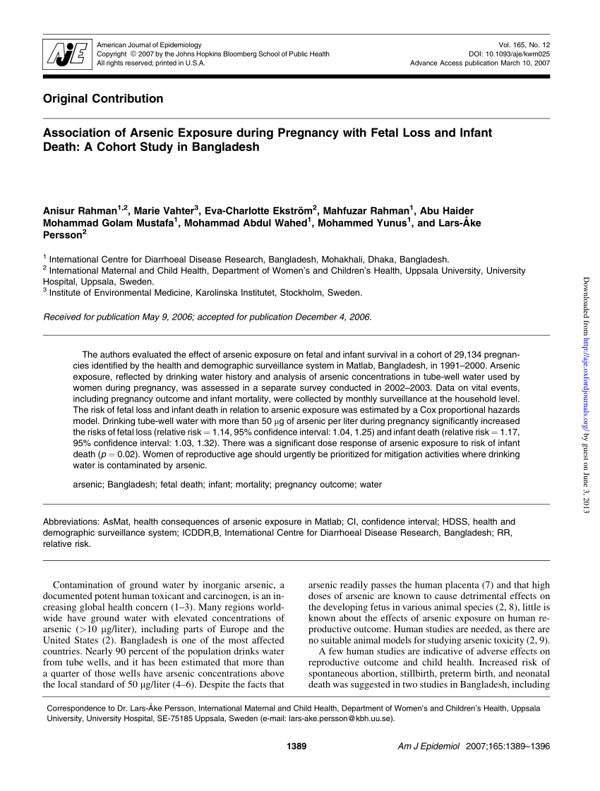 Pdf Association Of Arsenic Exposure During Pregnancy With Fetal Loss And Infant Death A 1161