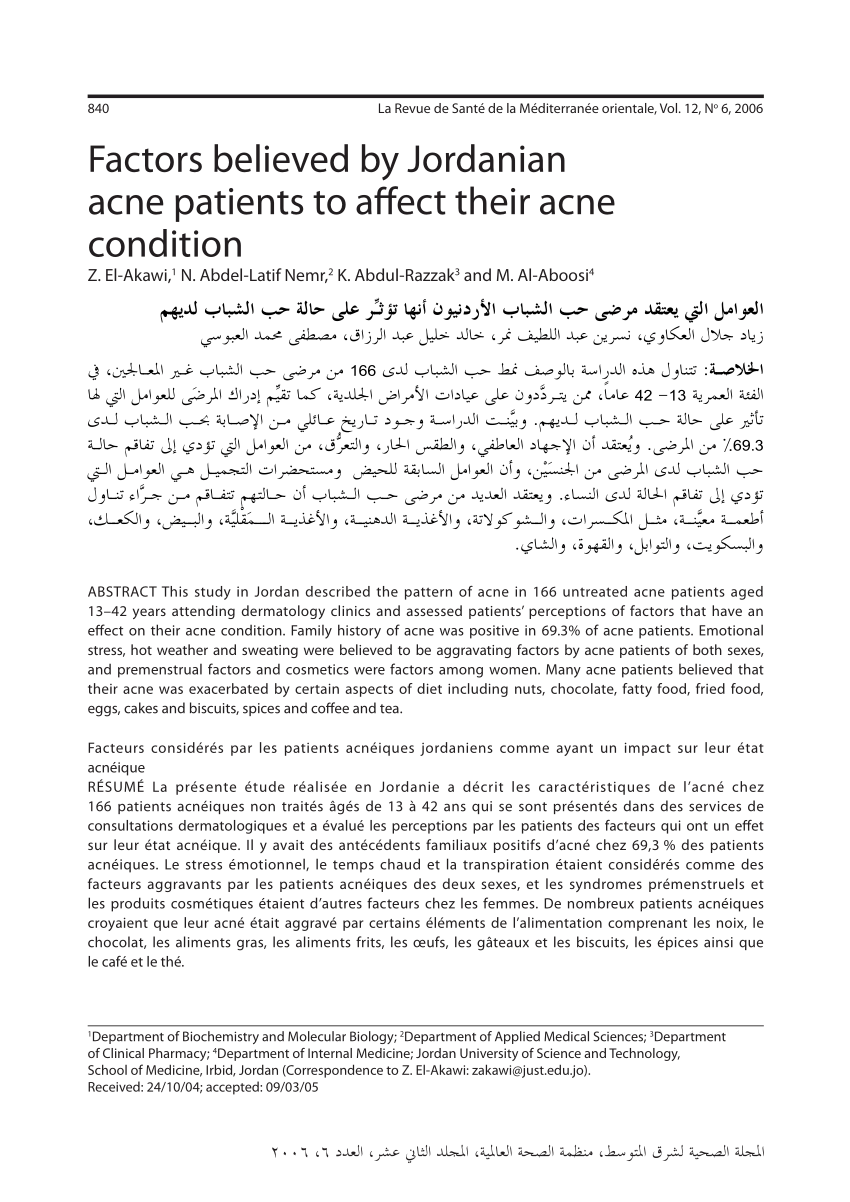 Pdf Factors Believed By Jordanian Acne Patients To Affect Their Acne Condition