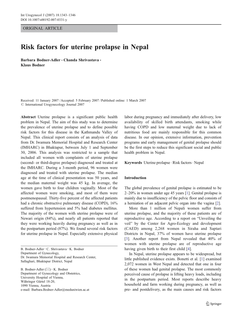 Pdf Risk Factors For Uterine Prolapse In Nepal