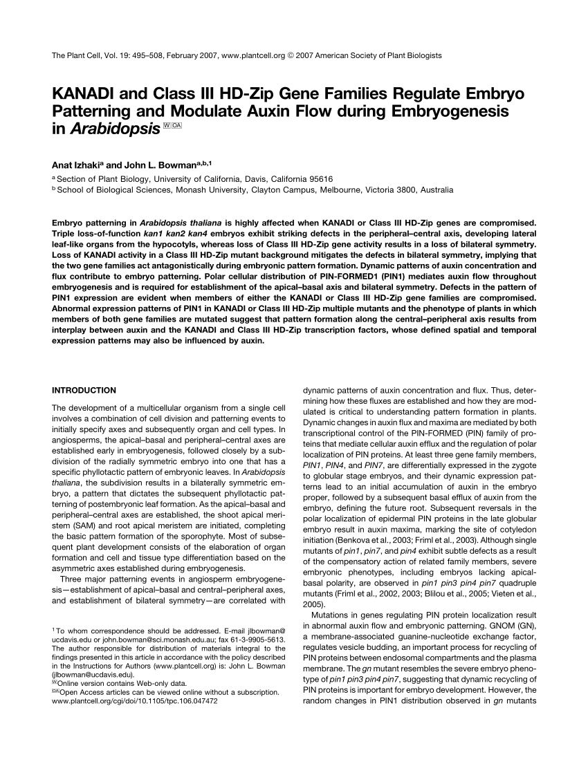 Pdf Kanadi And Class Iii Hd Zip Gene Families Regulate Embryo Patterning And Modulate Auxin Flow During Embryogenesis In Arabidopsis