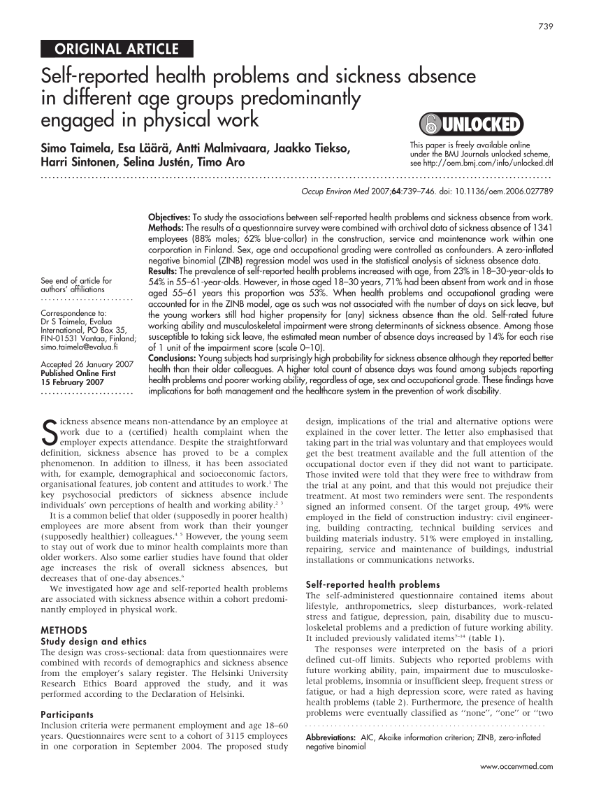 PDF Self reported health problems and sickness absence in  