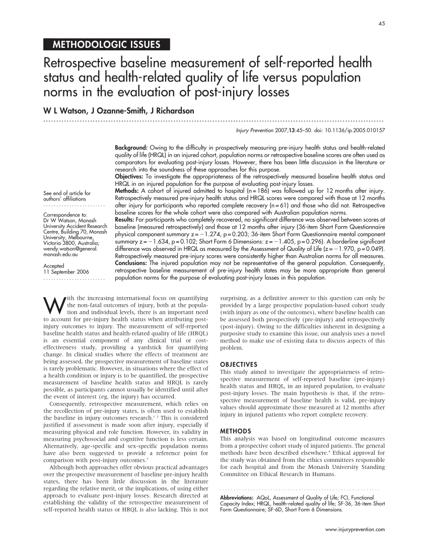PDF) Retrospective baseline measurement of self-reported health ...