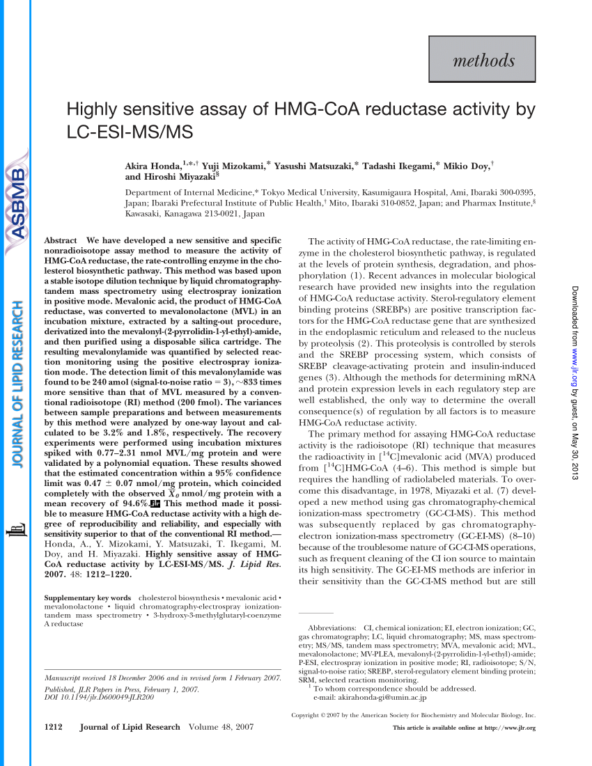 Pdf Highly Sensitive Assay Of Hmg Coa Reductase Activity By Lc Esi Msms 9431