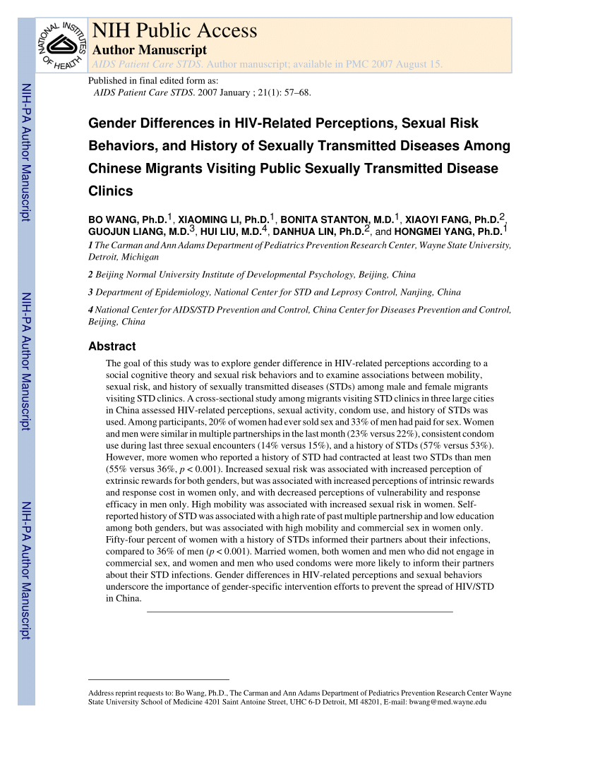 Pdf Gender Differences In Hiv Related Perceptions Sexual Risk Behaviors And History Of 1563