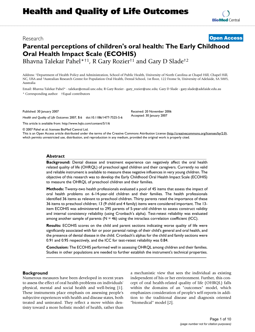 Pdf Parental Perceptions Of Children S Oral Health The Early Childhood Oral Health Impact Scale Ecohis