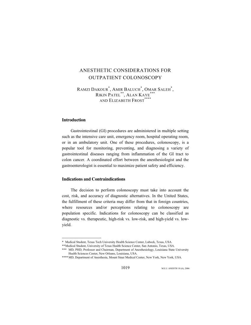 Pdf Anesthetic Considerations For Outpatient Colonoscopy