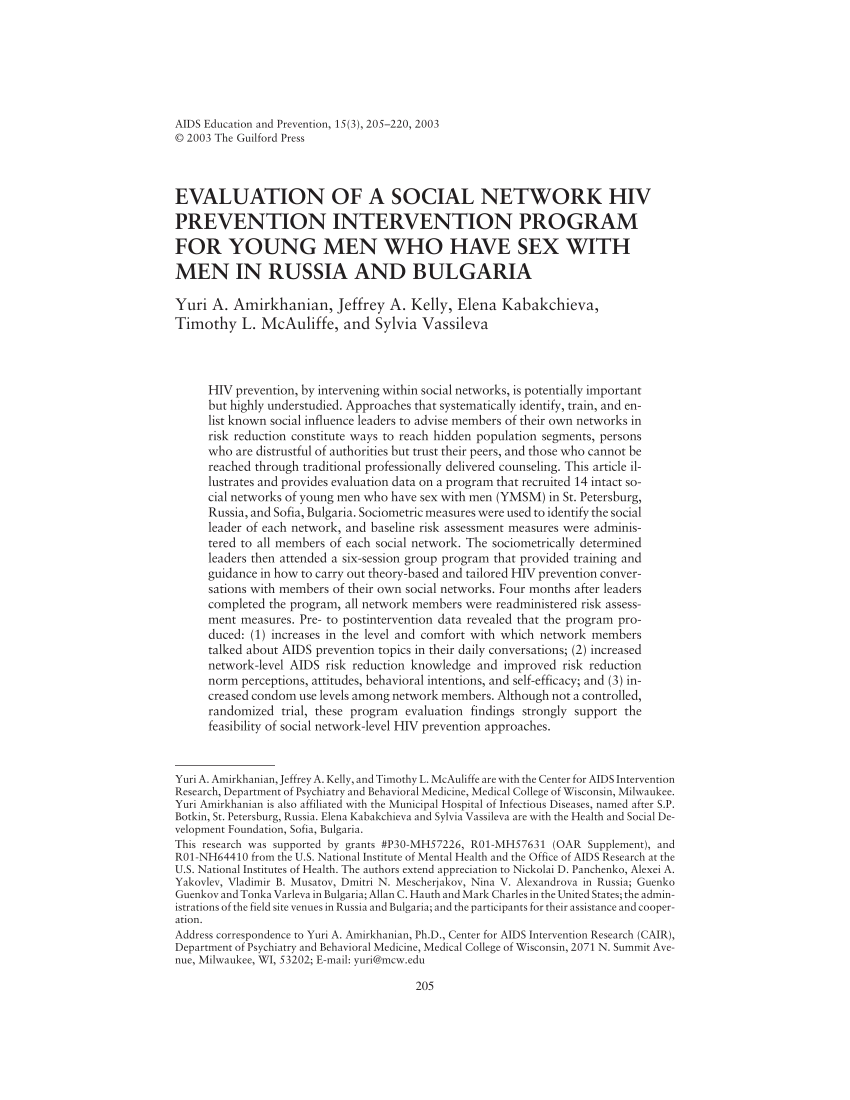 PDF) Evaluation of a Social Network HIV Prevention Intervention Program for  Young Men Who Have Sex with Men in Russia and Bulgaria