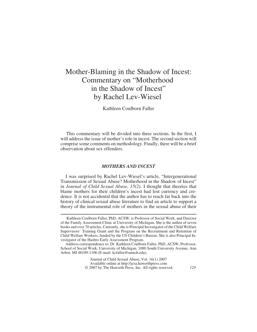 PDF) Mother-Blaming in the Shadow of Incest: Commentary on “Motherhood in  the Shadow of Incest” by Rachel Lev-Wiesel