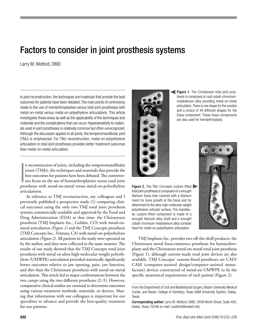 PDF Factors to Consider in Joint Prosthesis Systems