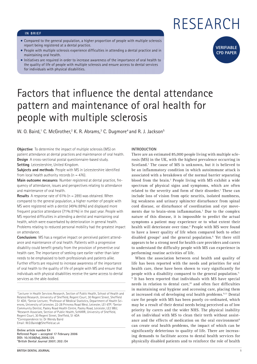 Pdf Verifiable Cpd Paper Factors That Influence The Dental Attendance Pattern And Maintenance Of Oral Health For People With Multiple Sclerosis