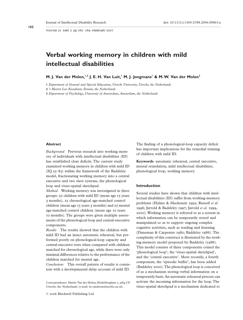 Pdf Verbal Working Memory In Children With Mild Intellectual Disabilities