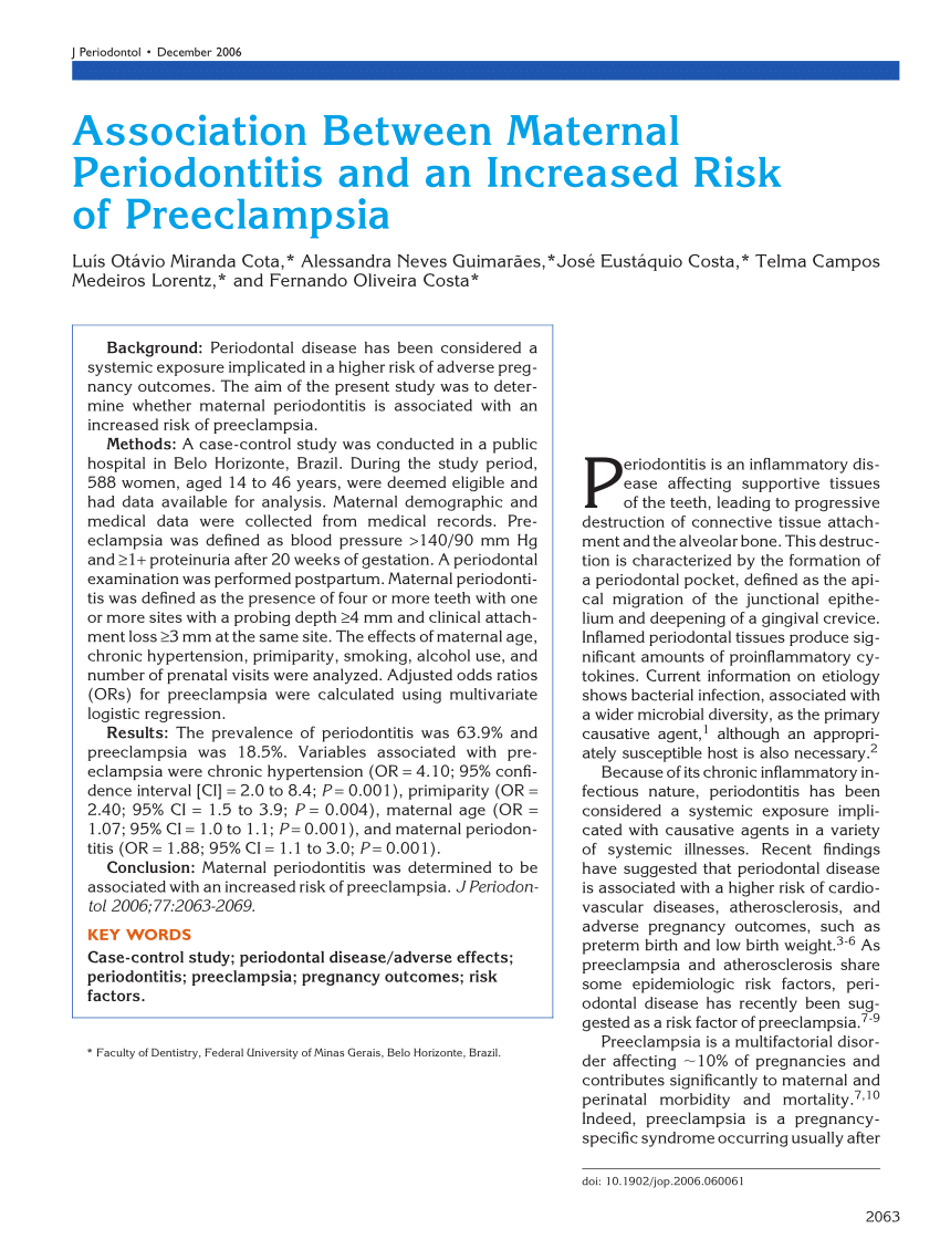 Pdf Association Between Maternal Periodontitis And An Increased Risk Of Preeclampsia 1632