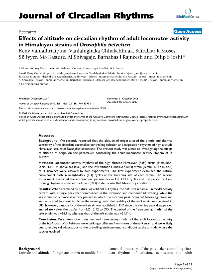 Pdf Effects Of Altitude On Circadian Rhythm Of Adult Locomotor