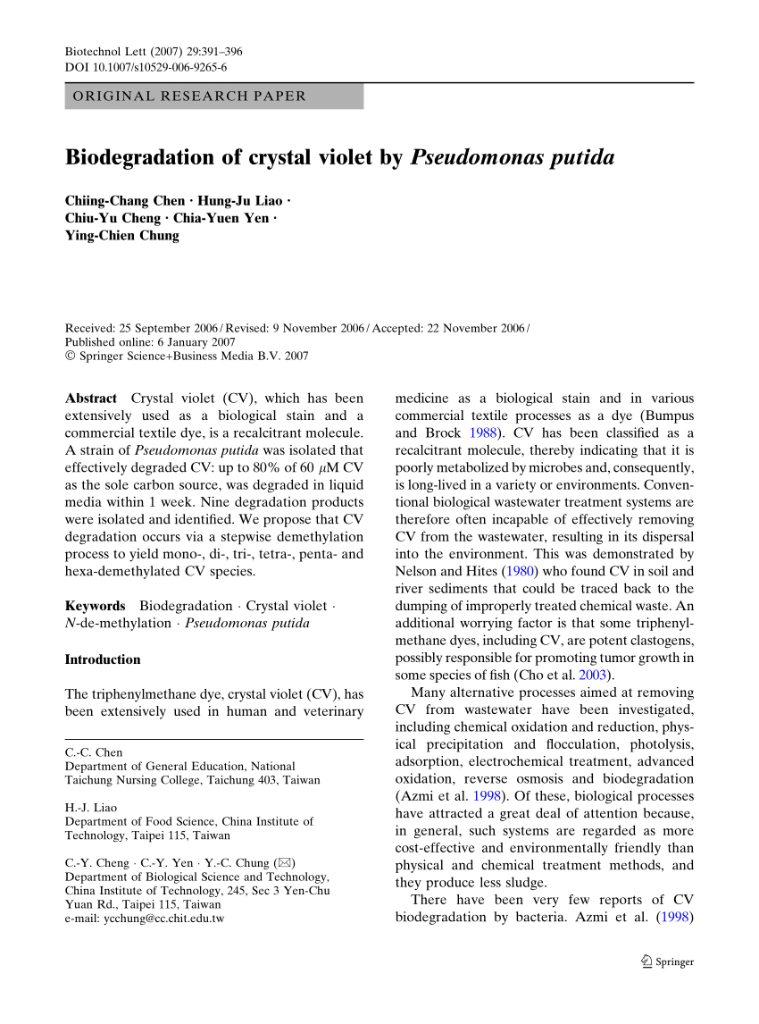 Pdf Biodegradation Of Crystal Violet By Pseudomonas Putida