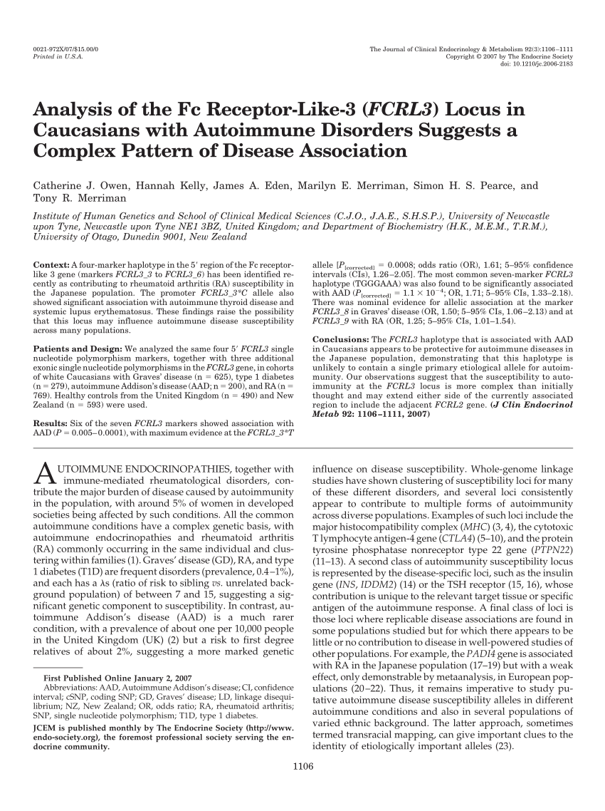 Pdf Analysis Of The Fc Receptor Like 3 Fcrl3 Locus In Caucasians With Autoimmune Disorders Suggests A Complex Pattern Of Disease Association