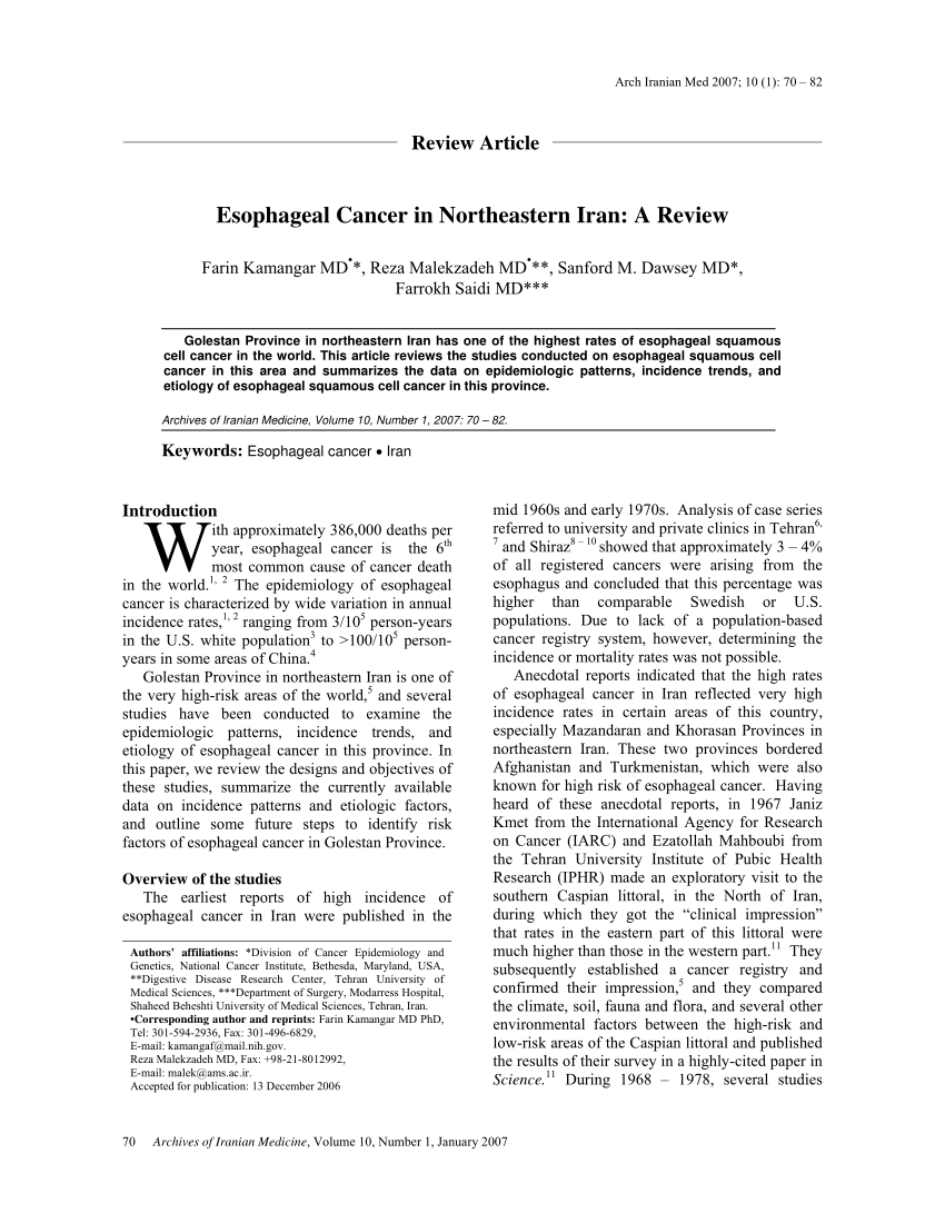 Pdf Esophageal Cancer In Northeastern Iran A Review 7315