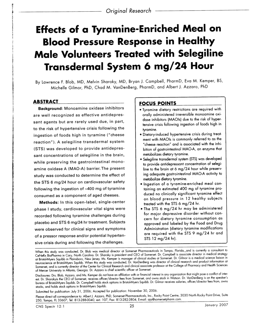 Pdf Effects Of A Tyramine Enriched Meal On Blood Pressure Response In Healthy Male Volunteers Treated With Selegiline Transdermal System 6 Mg 24 Hour