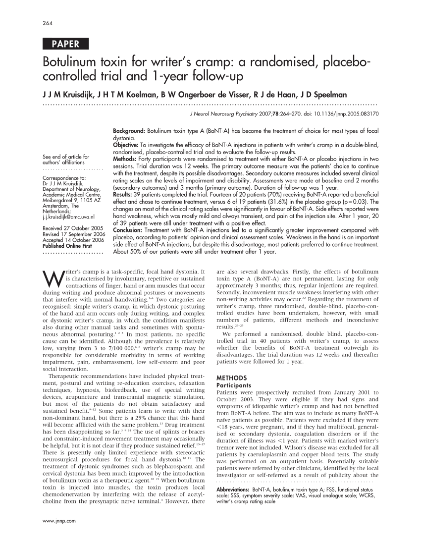 PDF) Botulinum toxin for writer's cramp: A randomised, placebo ...