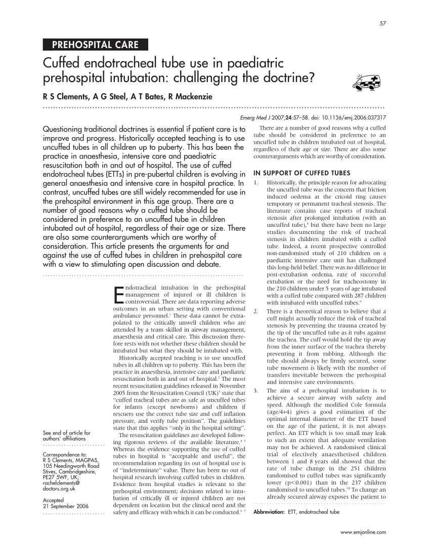 PDF) Cuffed endotracheal tube use in paediatric prehospital ...