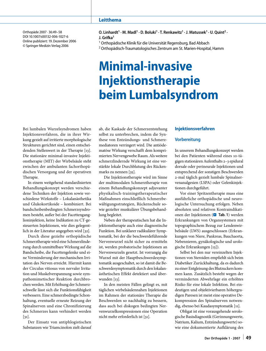 PDF) [Minimally invasive injection therapy in lumbar syndromes].