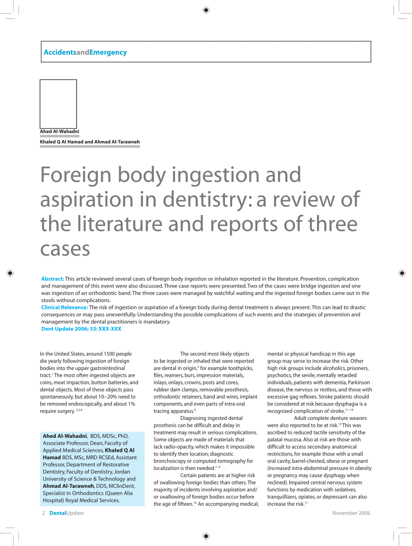 Pdf Foreign Body Ingestion And Aspiration In Dentistry A Review Of The Literature And Reports 0471